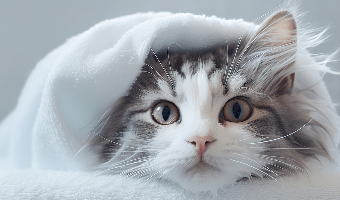 gatto avvolto in asciugamano